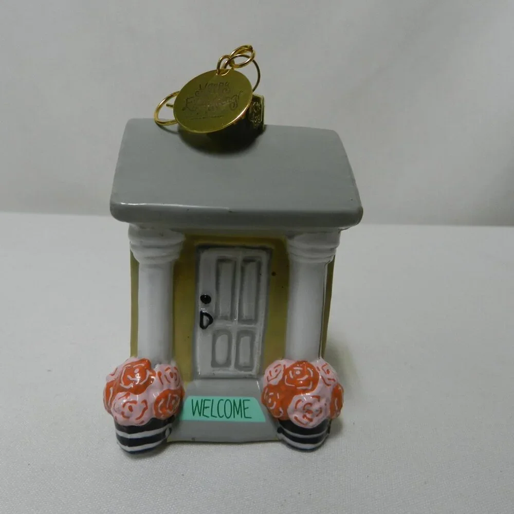 Happy Everything Welcome blown glass House Christmas Tree Ornament Coton Colors